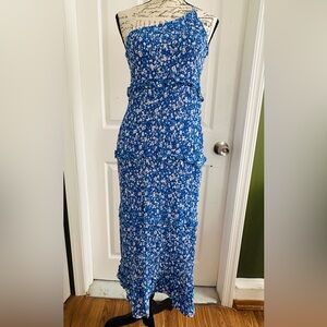 Elegant Blue Floral One Shoulder Dress